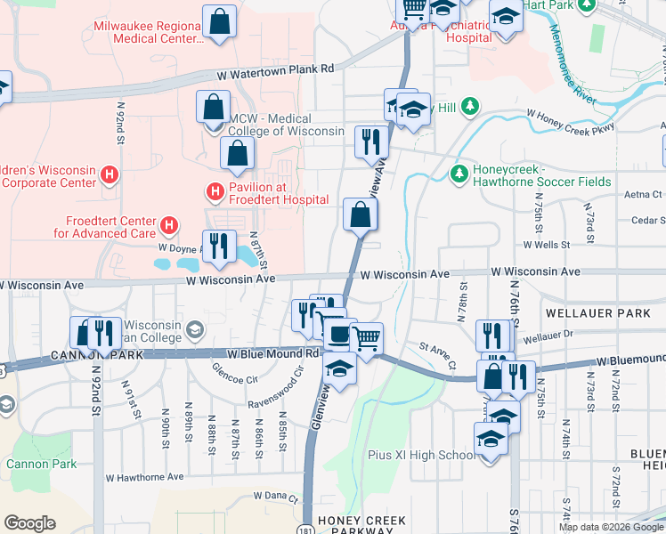 map of restaurants, bars, coffee shops, grocery stores, and more near 731 Glenview Avenue in Wauwatosa