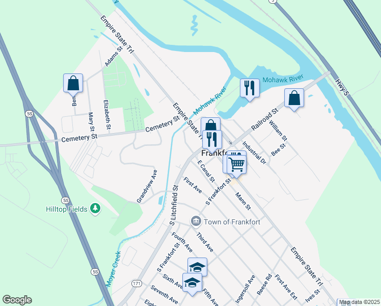 map of restaurants, bars, coffee shops, grocery stores, and more near 140 South Litchfield Street in Frankfort