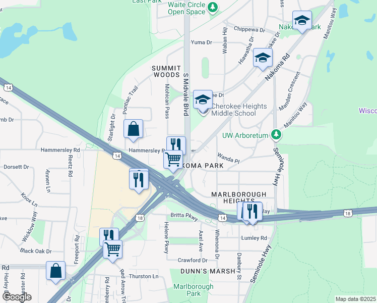 map of restaurants, bars, coffee shops, grocery stores, and more near 1209 South Midvale Boulevard in Madison