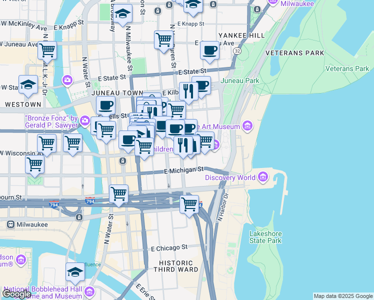 map of restaurants, bars, coffee shops, grocery stores, and more near 733 North Van Buren Street in Milwaukee