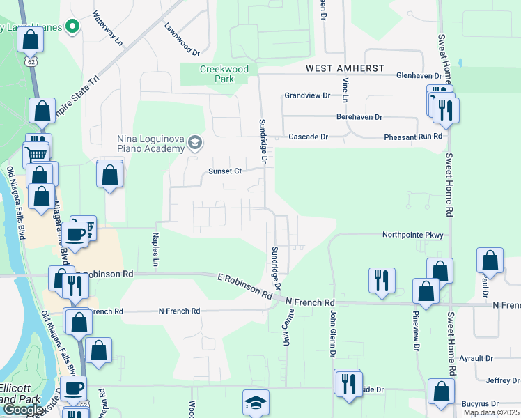 map of restaurants, bars, coffee shops, grocery stores, and more near 164 Sundridge Drive in Buffalo