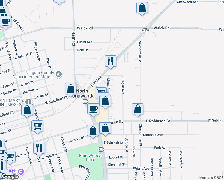 map of restaurants, bars, coffee shops, grocery stores, and more near 193 Mead Street in North Tonawanda