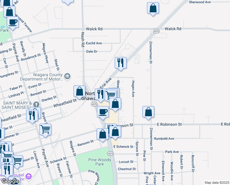 map of restaurants, bars, coffee shops, grocery stores, and more near 188 Mead Street in North Tonawanda