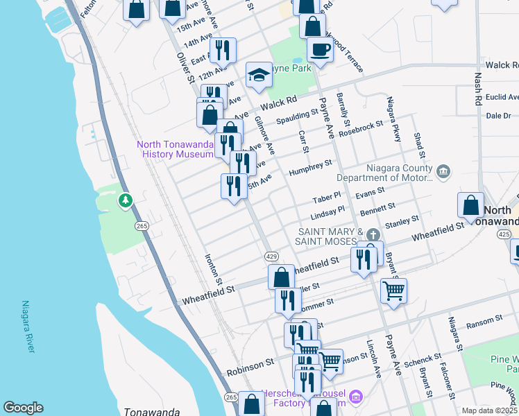 map of restaurants, bars, coffee shops, grocery stores, and more near 118 Center Avenue in North Tonawanda