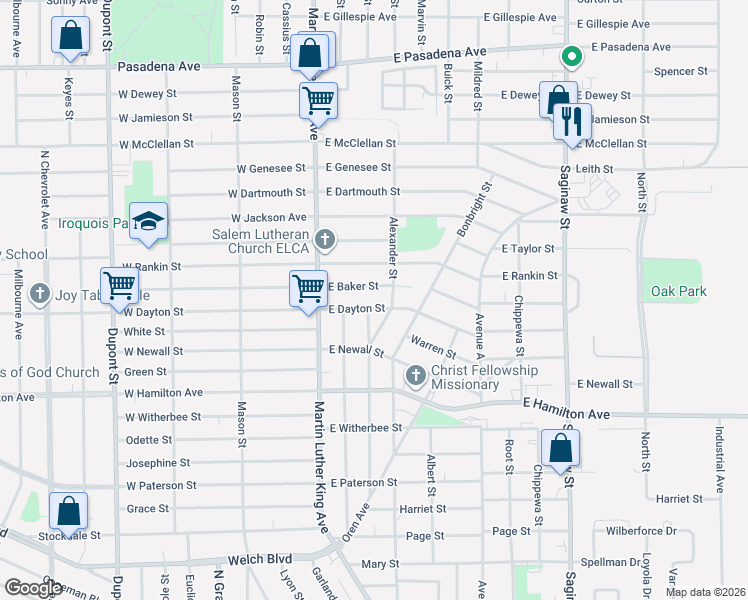 map of restaurants, bars, coffee shops, grocery stores, and more near 233 East Baker Street in Flint