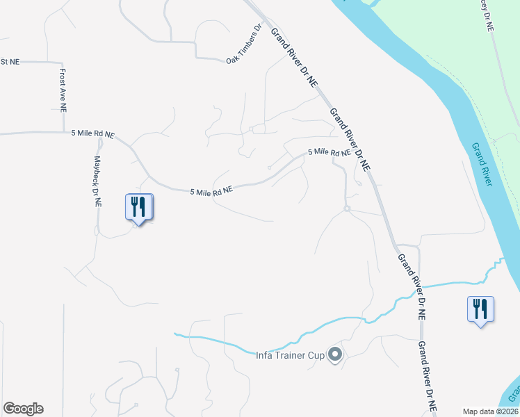 map of restaurants, bars, coffee shops, grocery stores, and more near 4400 Oak River Drive Northeast in Grand Rapids