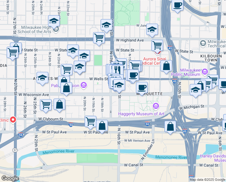 map of restaurants, bars, coffee shops, grocery stores, and more near 721 North 17th Street in Milwaukee
