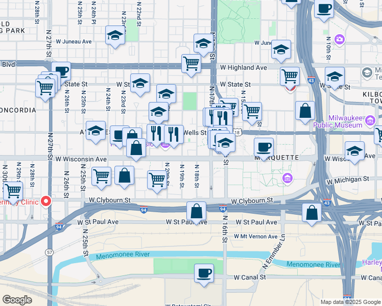 map of restaurants, bars, coffee shops, grocery stores, and more near 725 North 18th Street in Milwaukee