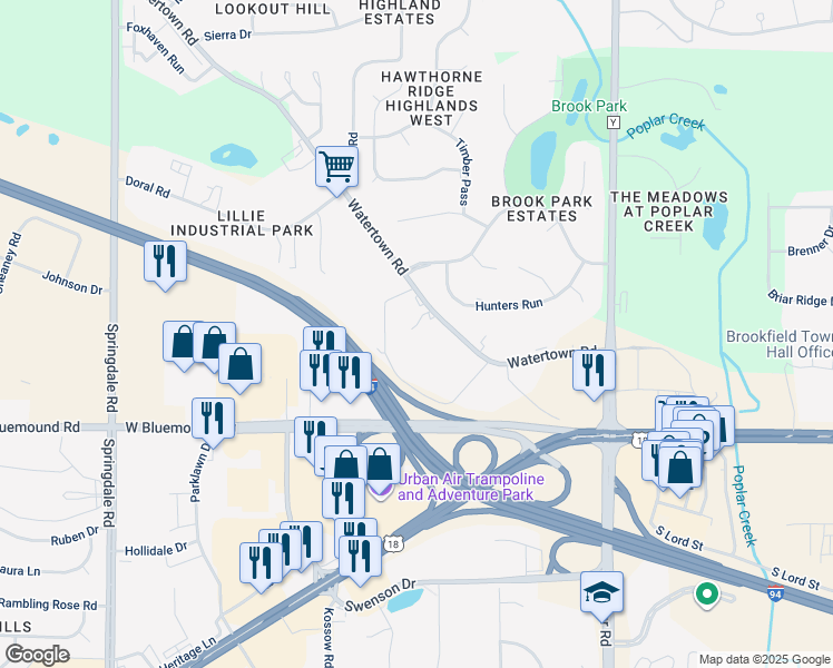 map of restaurants, bars, coffee shops, grocery stores, and more near 730 Larry Court in Waukesha