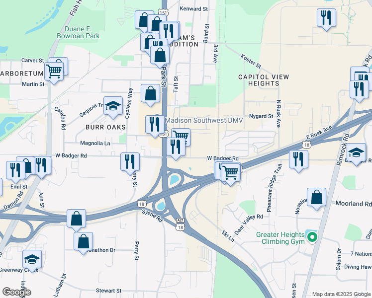 map of restaurants, bars, coffee shops, grocery stores, and more near 2326 Badger Parkway in Madison
