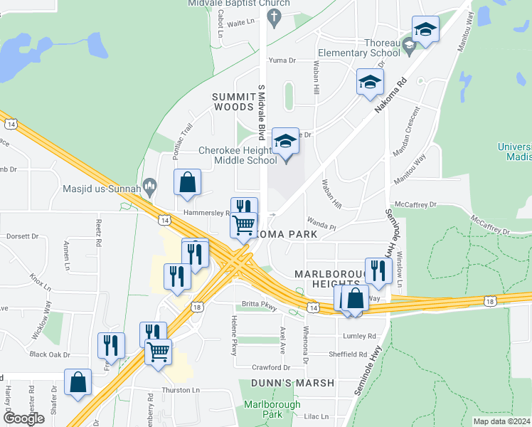 map of restaurants, bars, coffee shops, grocery stores, and more near 1209 South Midvale Boulevard in Madison