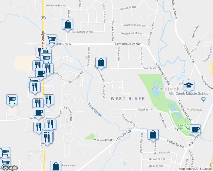 map of restaurants, bars, coffee shops, grocery stores, and more near 4160 Woodrush Lane in Comstock Park