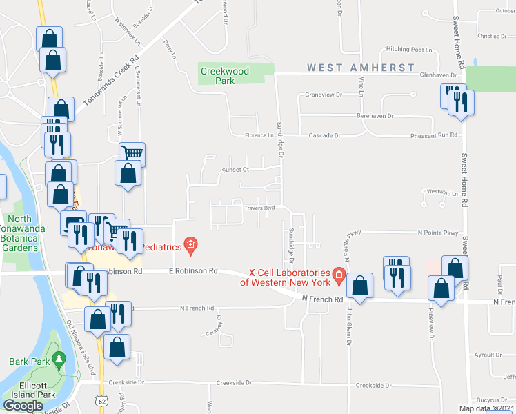 map of restaurants, bars, coffee shops, grocery stores, and more near 132 Travers Boulevard in Buffalo