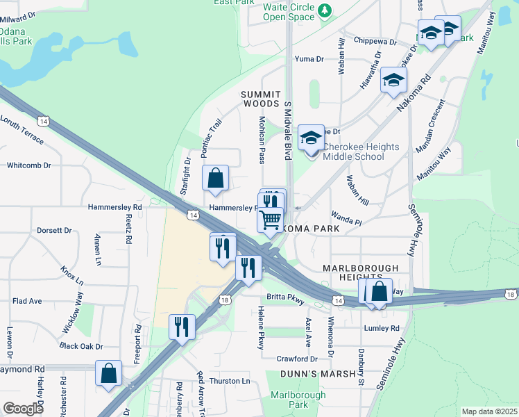 map of restaurants, bars, coffee shops, grocery stores, and more near 1208 Jewel Court in Madison
