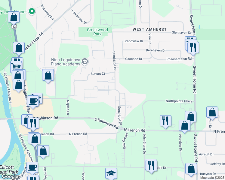 map of restaurants, bars, coffee shops, grocery stores, and more near 113 Travers Boulevard in Buffalo