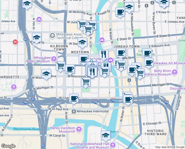 map of restaurants, bars, coffee shops, grocery stores, and more near in Milwaukee