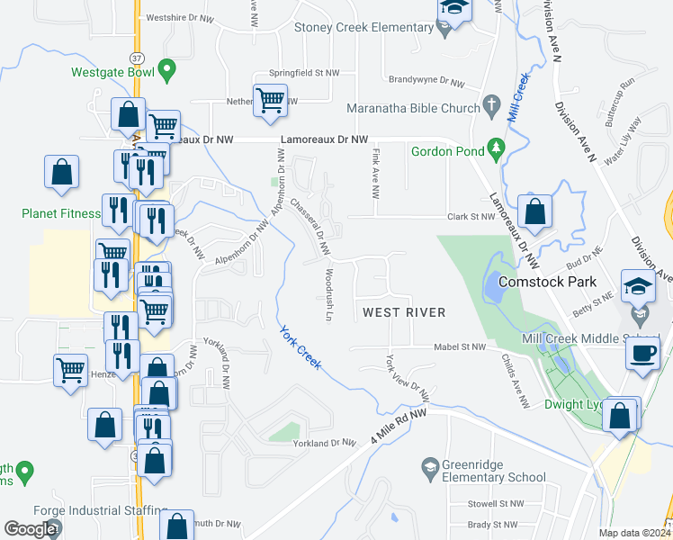 map of restaurants, bars, coffee shops, grocery stores, and more near 4158 Woodrush Lane in Comstock Park