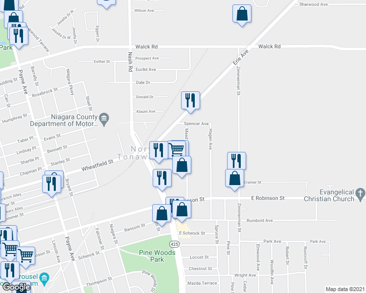 map of restaurants, bars, coffee shops, grocery stores, and more near 170 Mead Street in North Tonawanda