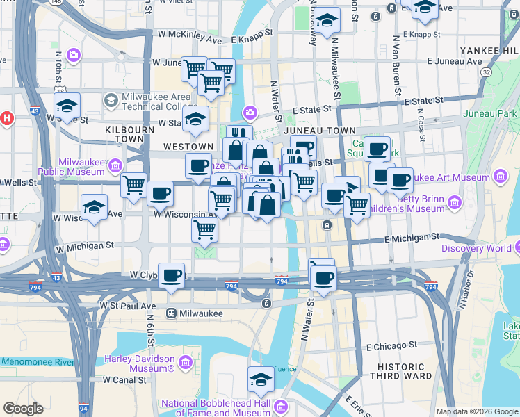map of restaurants, bars, coffee shops, grocery stores, and more near 719 North Plankinton Avenue in Milwaukee