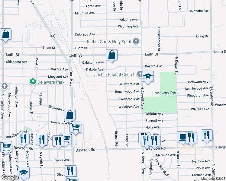 map of restaurants, bars, coffee shops, grocery stores, and more near 3115 Beechwood Avenue in Flint