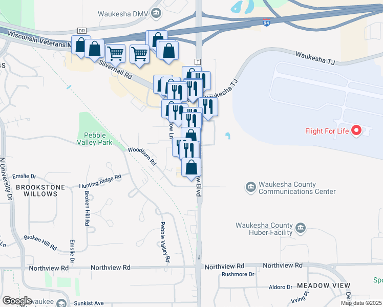 map of restaurants, bars, coffee shops, grocery stores, and more near 2530 North Grandview Boulevard in Waukesha
