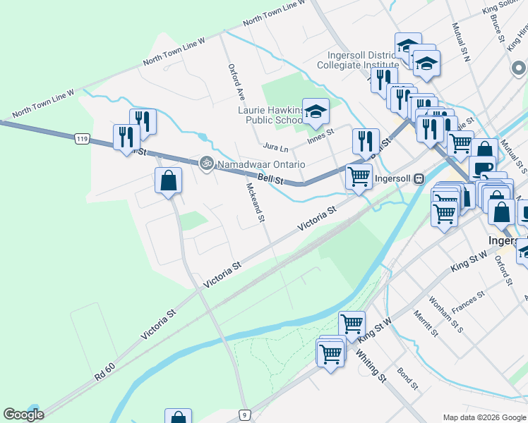 map of restaurants, bars, coffee shops, grocery stores, and more near 164 Mckeand Street in Ingersoll