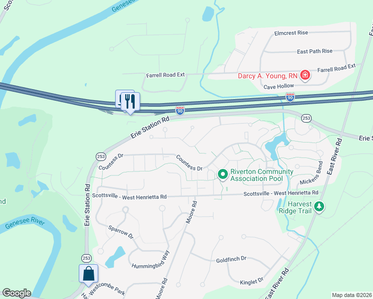 map of restaurants, bars, coffee shops, grocery stores, and more near 117 Coneflower Drive in West Henrietta