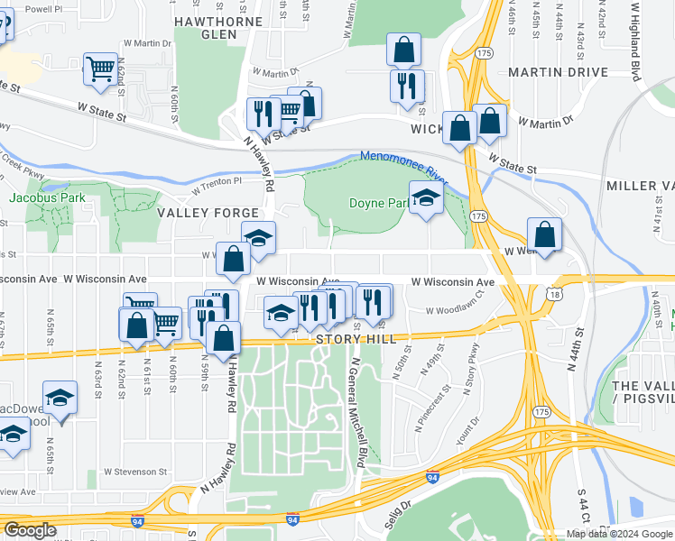 map of restaurants, bars, coffee shops, grocery stores, and more near 5230 West Wisconsin Avenue in Milwaukee