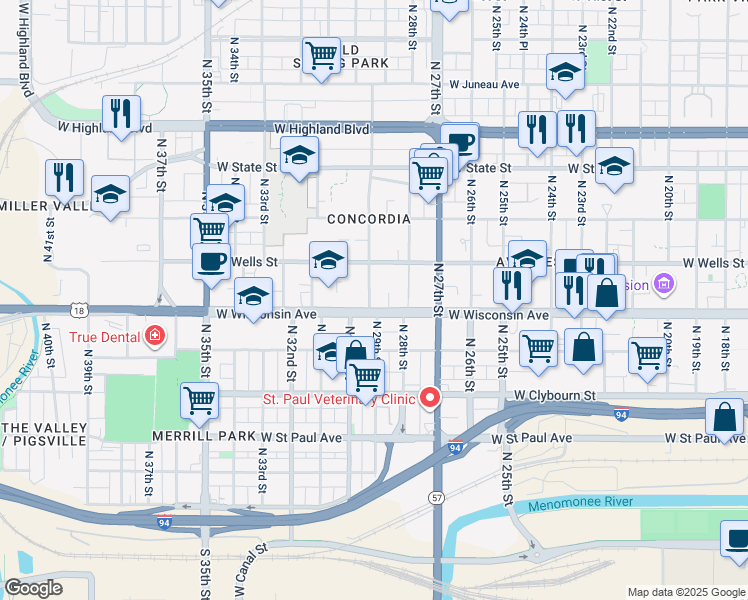 map of restaurants, bars, coffee shops, grocery stores, and more near 2904 West Wisconsin Avenue in Milwaukee