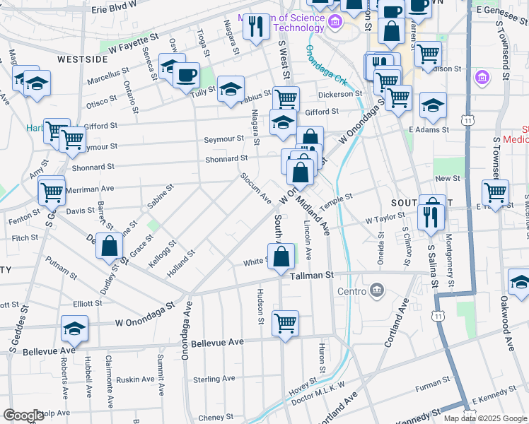 map of restaurants, bars, coffee shops, grocery stores, and more near 600 West Onondaga Street in Syracuse