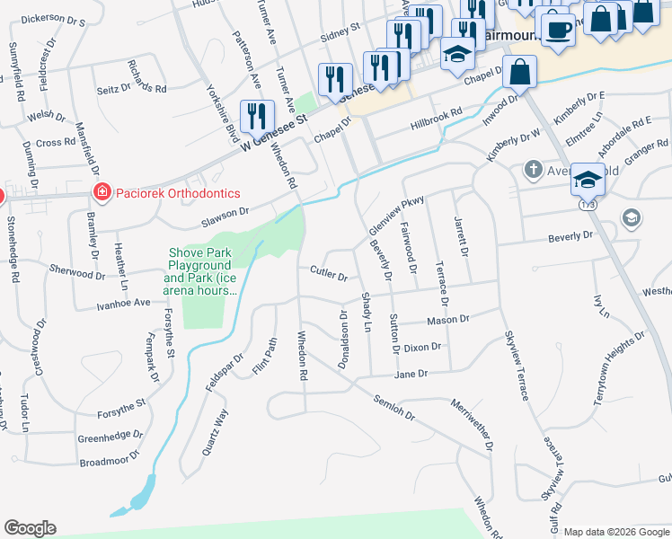 map of restaurants, bars, coffee shops, grocery stores, and more near 503 Glenview Parkway in Syracuse