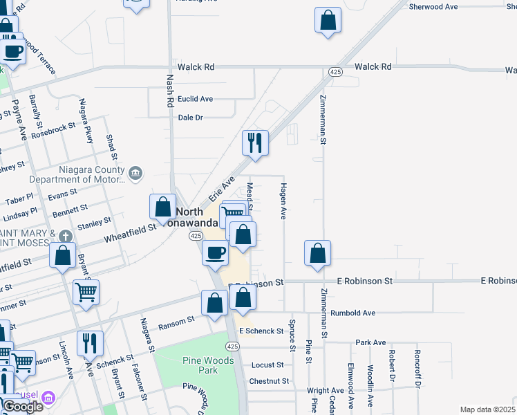 map of restaurants, bars, coffee shops, grocery stores, and more near 193 Mead Street in North Tonawanda