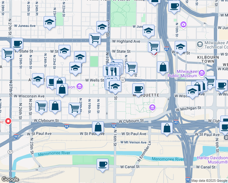 map of restaurants, bars, coffee shops, grocery stores, and more near 706 North 17th Street in Milwaukee