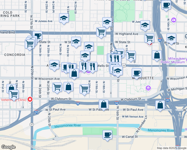 map of restaurants, bars, coffee shops, grocery stores, and more near 1926 West Wisconsin Avenue in Milwaukee