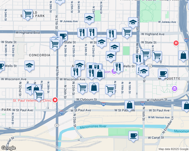 map of restaurants, bars, coffee shops, grocery stores, and more near 747 North 23rd Street in Milwaukee
