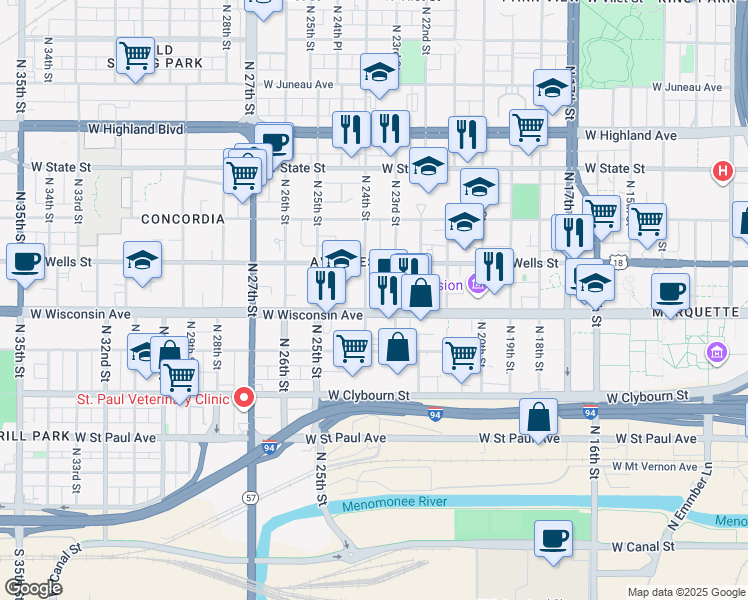 map of restaurants, bars, coffee shops, grocery stores, and more near 747 North 23rd Street in Milwaukee