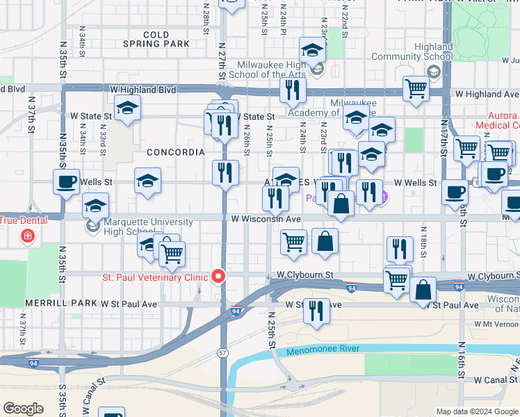 map of restaurants, bars, coffee shops, grocery stores, and more near 731 North 25th Street in Milwaukee