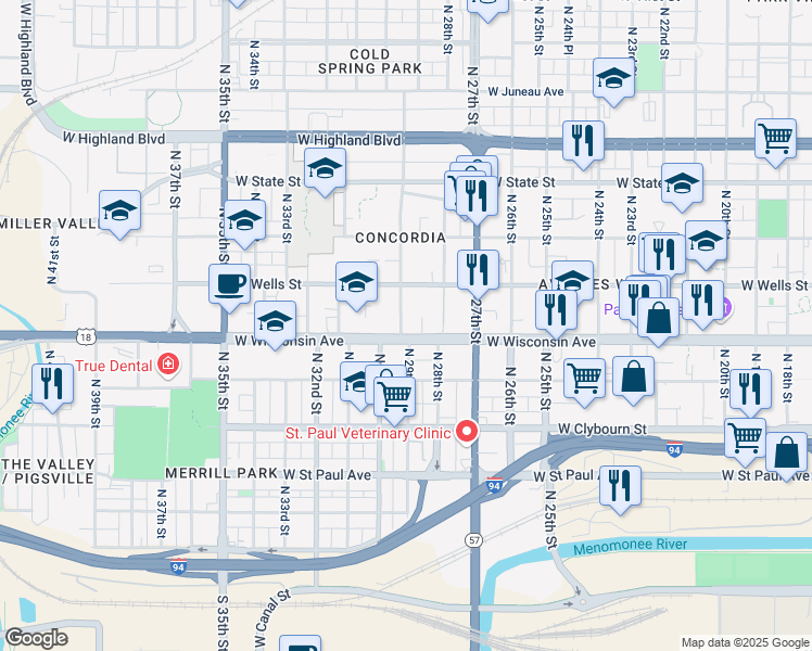 map of restaurants, bars, coffee shops, grocery stores, and more near 2904 West Wisconsin Avenue in Milwaukee
