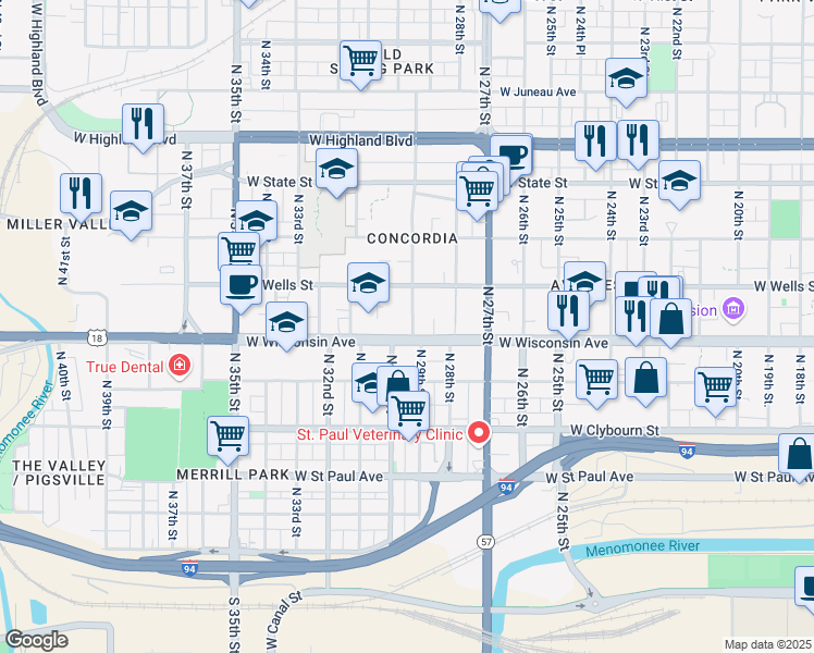 map of restaurants, bars, coffee shops, grocery stores, and more near 2904 West Wisconsin Avenue in Milwaukee