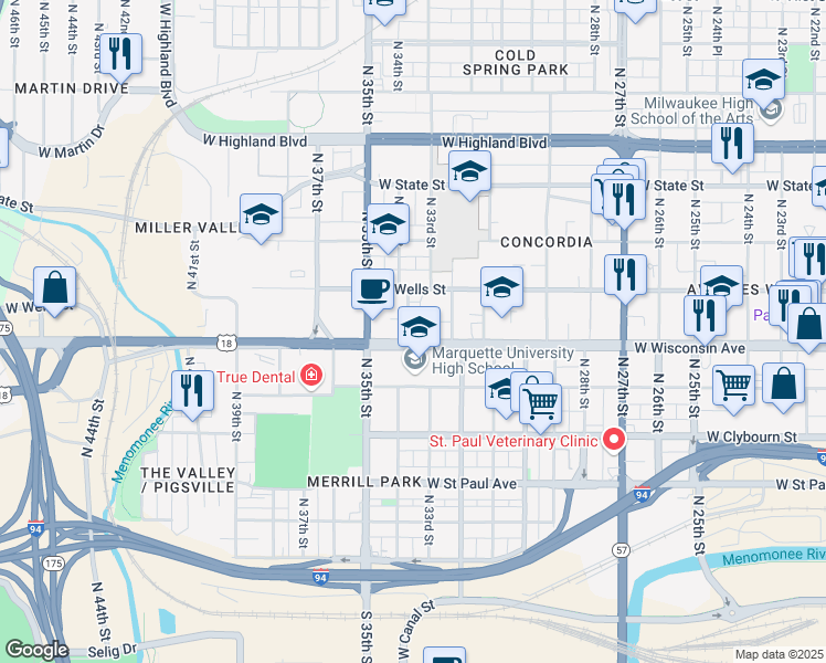 map of restaurants, bars, coffee shops, grocery stores, and more near 726 North 34th Street in Milwaukee