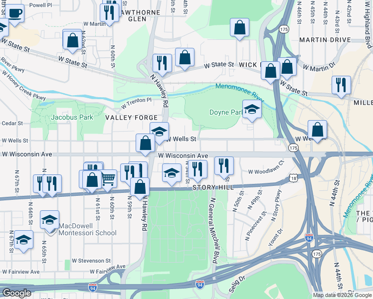 map of restaurants, bars, coffee shops, grocery stores, and more near 5335 West Wells Street in Milwaukee