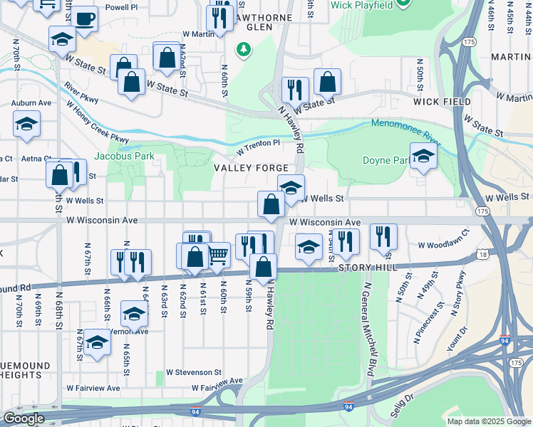 map of restaurants, bars, coffee shops, grocery stores, and more near 5821 West Wells Street in Wauwatosa