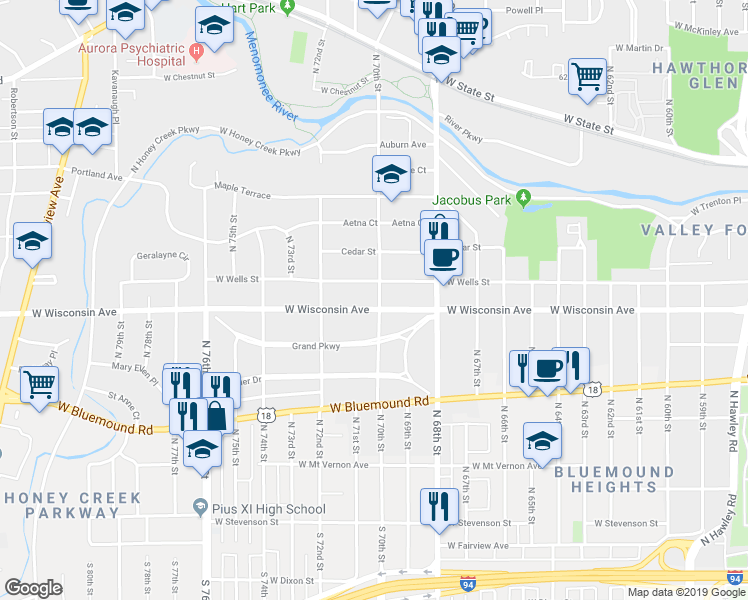 map of restaurants, bars, coffee shops, grocery stores, and more near 7015 West Wells Street in Wauwatosa