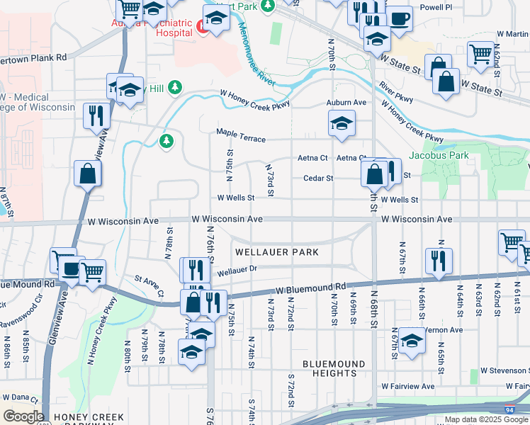 map of restaurants, bars, coffee shops, grocery stores, and more near 7235 West Wells Street in Wauwatosa
