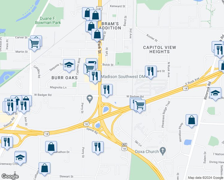 map of restaurants, bars, coffee shops, grocery stores, and more near 2326 Badger Parkway in Madison