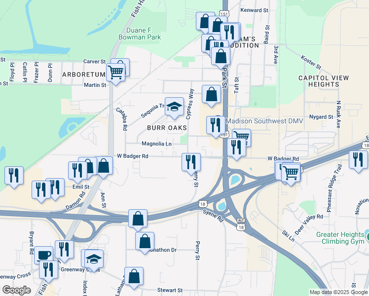 map of restaurants, bars, coffee shops, grocery stores, and more near 2405 Cypress Way in Madison