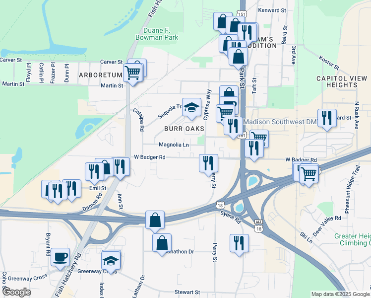 map of restaurants, bars, coffee shops, grocery stores, and more near 914 Magnolia Lane in Madison