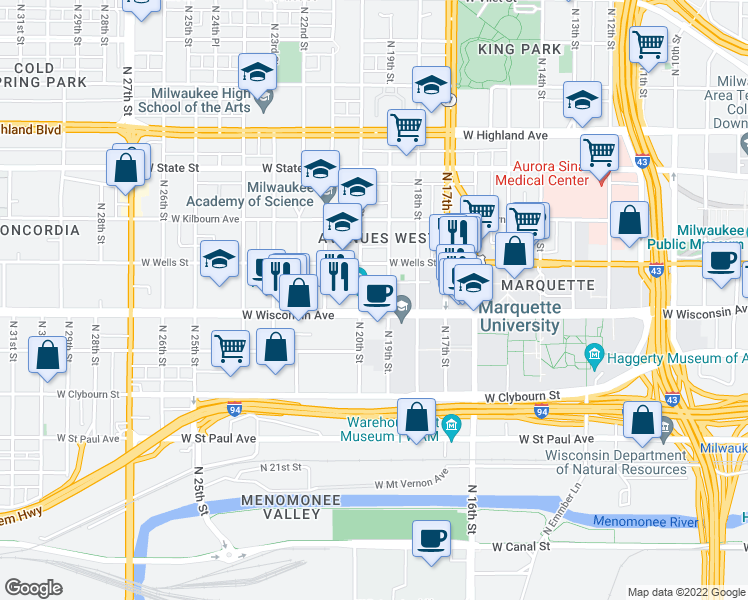 map of restaurants, bars, coffee shops, grocery stores, and more near 1926 West Wisconsin Avenue in Milwaukee