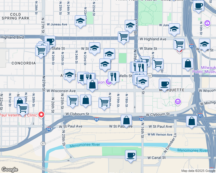 map of restaurants, bars, coffee shops, grocery stores, and more near 2000 West Wisconsin Avenue in Milwaukee