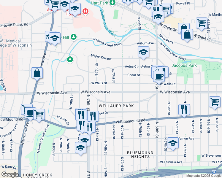 map of restaurants, bars, coffee shops, grocery stores, and more near 7235 West Wells Street in Wauwatosa